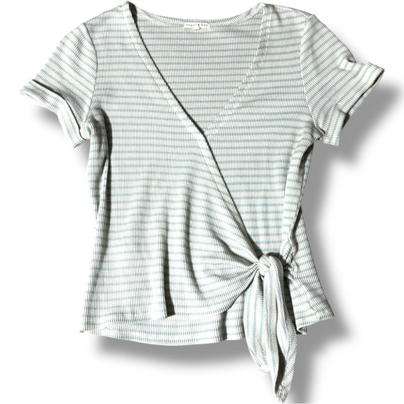 Copper Key V-Neck Short Sleeve Rib Knit Front Tie Green and White Striped Top - Picture 7 of 16